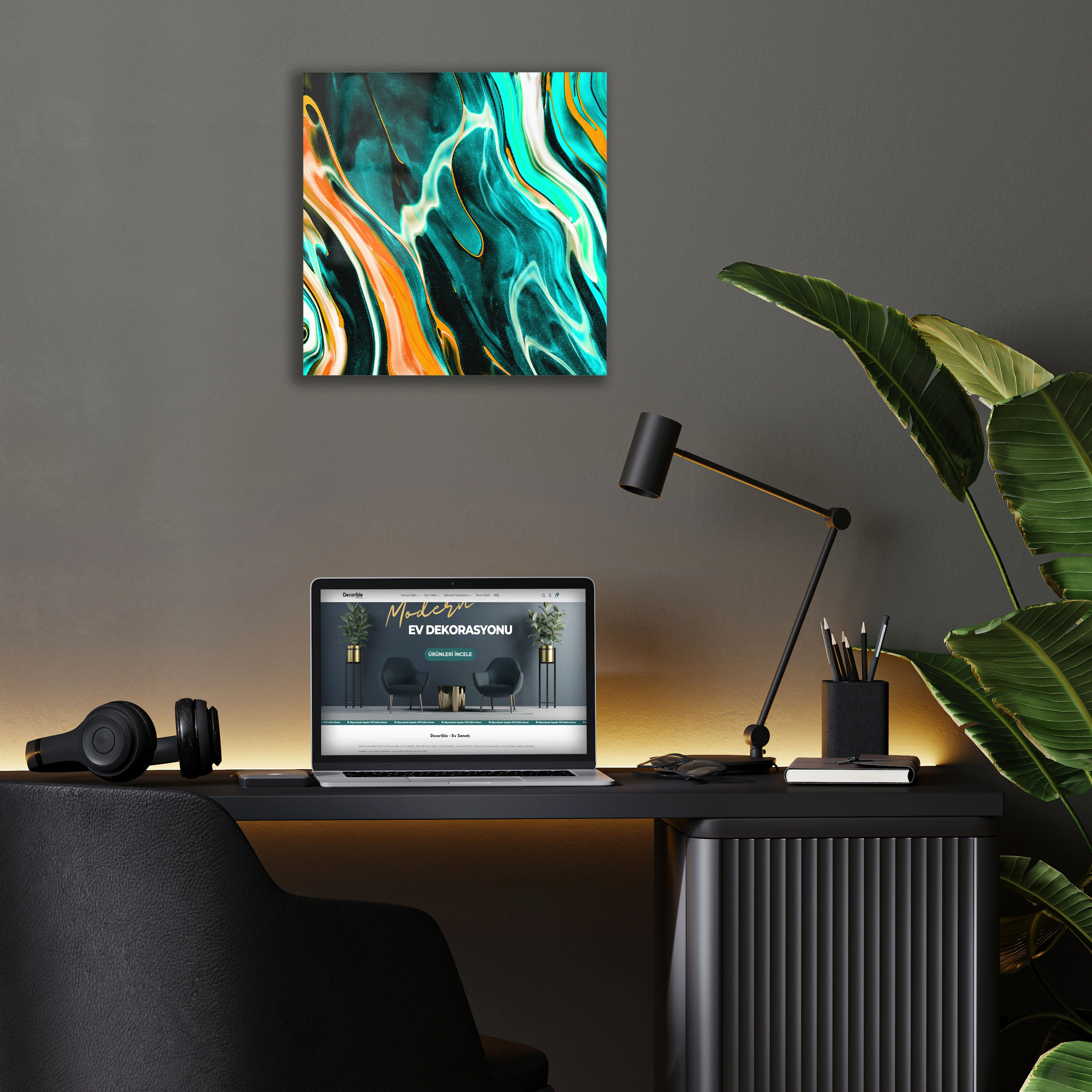 Turuncu ve Turkuaz Ebru Sanatı Cam Tablo